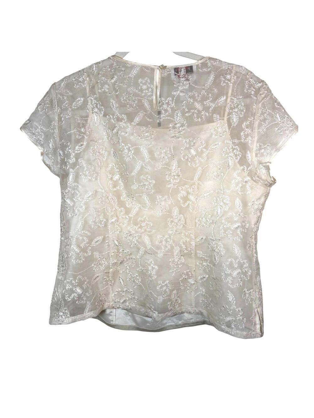 90s VTG 100% Silk Embroidered Lace Top Cream Ivory Sheer Overlay Blouse - Picture 6 of 7